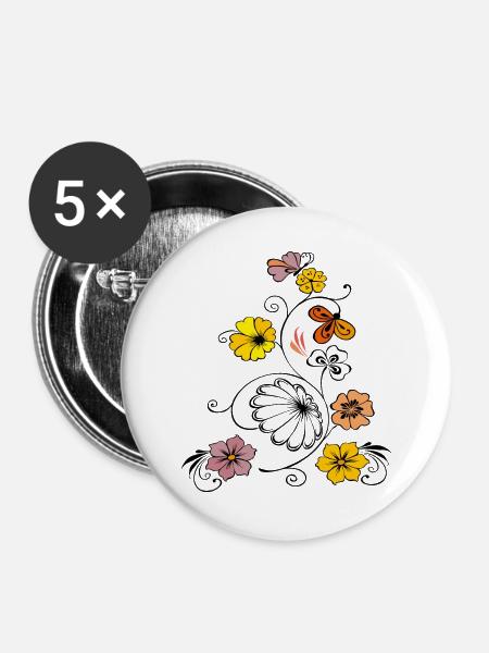 Blumenranke mit Schmetterling - Buttons groß 56 mm (5er Pack) - Weiß