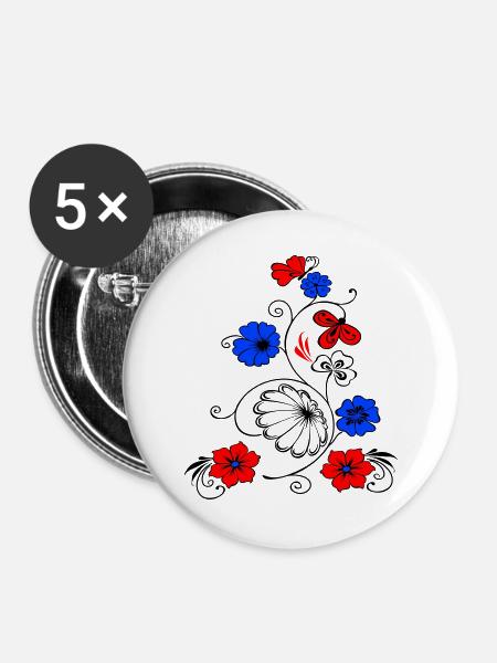 Blumenranke mit Schmetterling - Buttons groß 56 mm (5er Pack) - Weiß