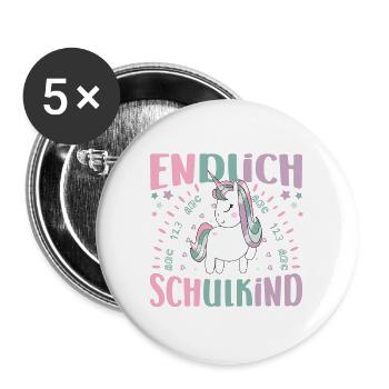 Einschulung Mädchen Einhorn Endlich Schulkind - Buttons groß 56 mm (5er Pack) - Weiß - Vorne
