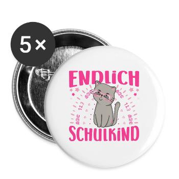 Einschulung Endlich Schulkind Mädchen Erstklässler - Buttons groß 56 mm (5er Pack) - Weiß - Vorne