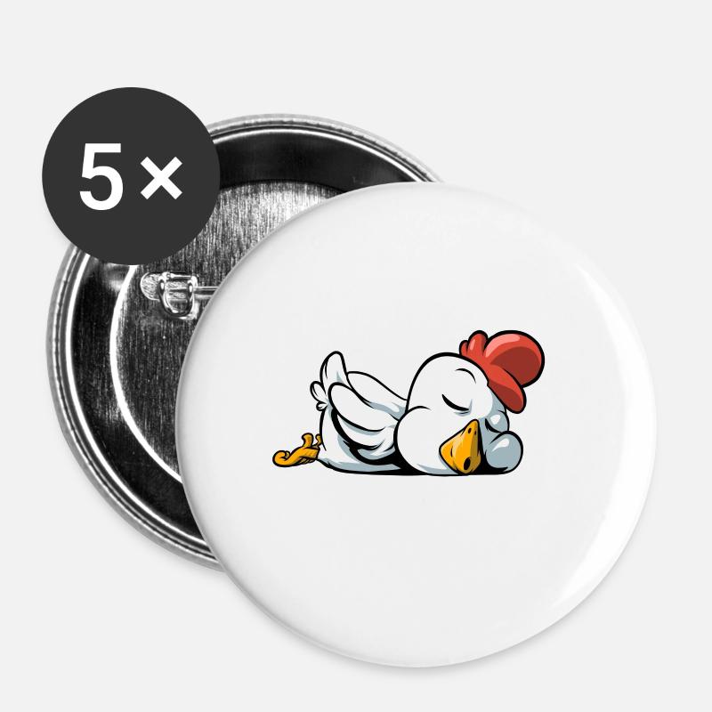 Schlafendes Huhn Hahn Hühnchen - Buttons groß 56 mm (5er Pack) - Weiß