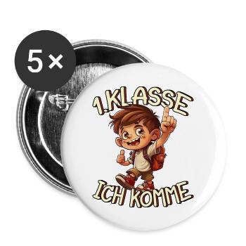 1. Klasse Ich komme Einschulung Jungen - Buttons groß 56 mm (5er Pack) - Weiß - Vorne