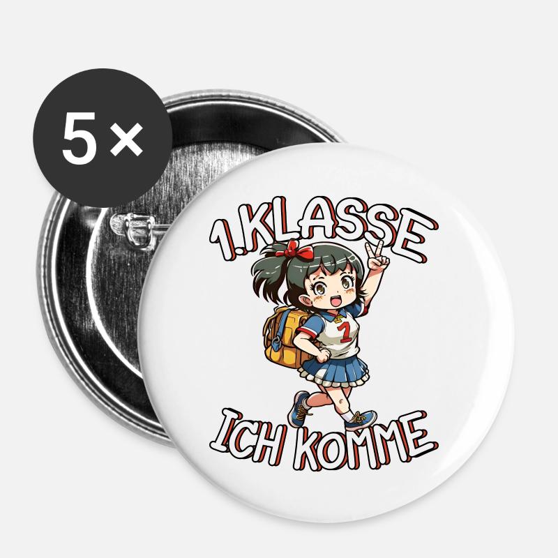 1. Klasse Ich komme Einschulung Mädchen - Buttons groß 56 mm (5er Pack) - Weiß