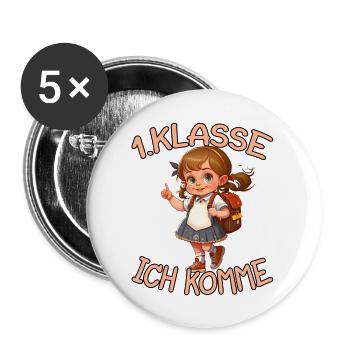1. Klasse Ich komme Einschulung Mädchen - Buttons groß 56 mm (5er Pack) - Weiß - Vorne