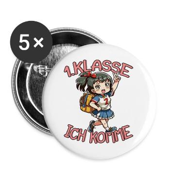 1. Klasse Ich komme Einschulung Mädchen - Buttons groß 56 mm (5er Pack) - Weiß - Vorne