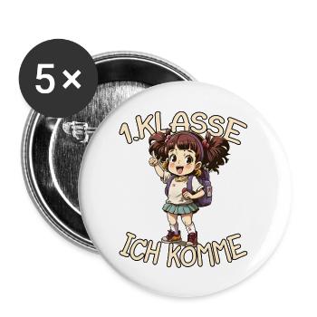 1. Klasse Ich komme Einschulung Mädchen - Buttons groß 56 mm (5er Pack) - Weiß - Vorne