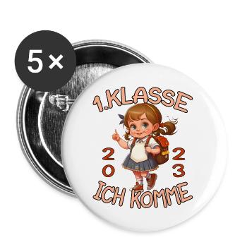 1. Klasse Ich komme Schule 2023 Mädchen - Buttons groß 56 mm (5er Pack) - Weiß - Vorne