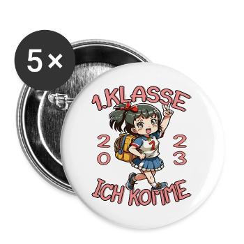 1. Klasse Ich komme Schule 2023 Mädchen - Buttons groß 56 mm (5er Pack) - Weiß - Vorne