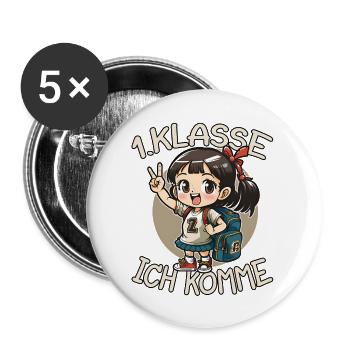1. Klasse Ich komme Einschulung Mädchen - Buttons groß 56 mm (5er Pack) - Weiß - Vorne