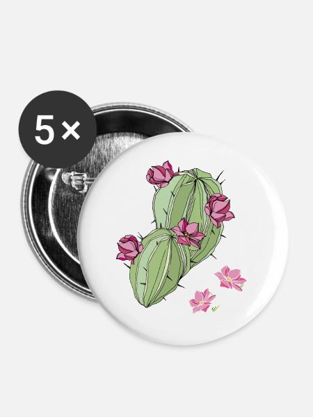 Kaktus mit Blüten - Buttons groß 56 mm (5er Pack) - Weiß