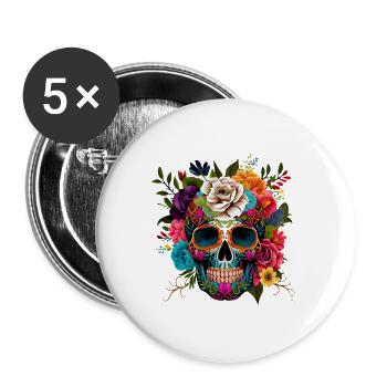 Totenkopf Blumen Bunt - Buttons groß 56 mm (5er Pack) - Weiß - Vorne