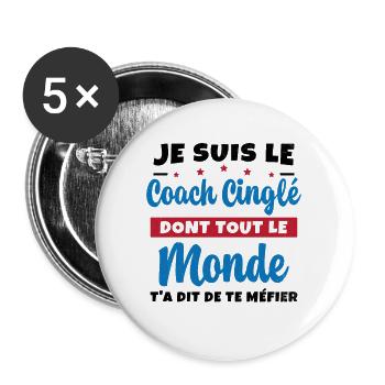 Coach Cinglé Humour Coaching Sportif Cadeau - Lot de 5 grands badges (56 mm) - blanc - Devant