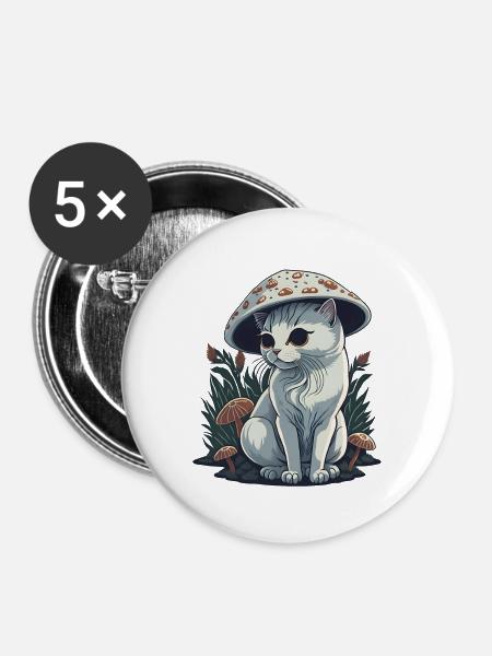 Trippy Pilzkatze - Buttons groß 56 mm (5er Pack) - Weiß