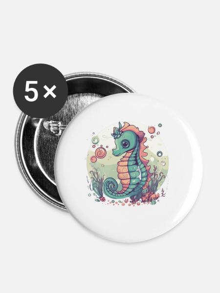 Seepferdchen Unterwasserwelt - Buttons groß 56 mm (5er Pack) - Weiß
