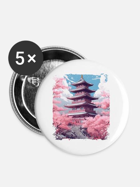 Kirschblüten-Sakura-Baum in einer Tempel-Dampfwelle - Buttons groß 56 mm (5er Pack) - Weiß
