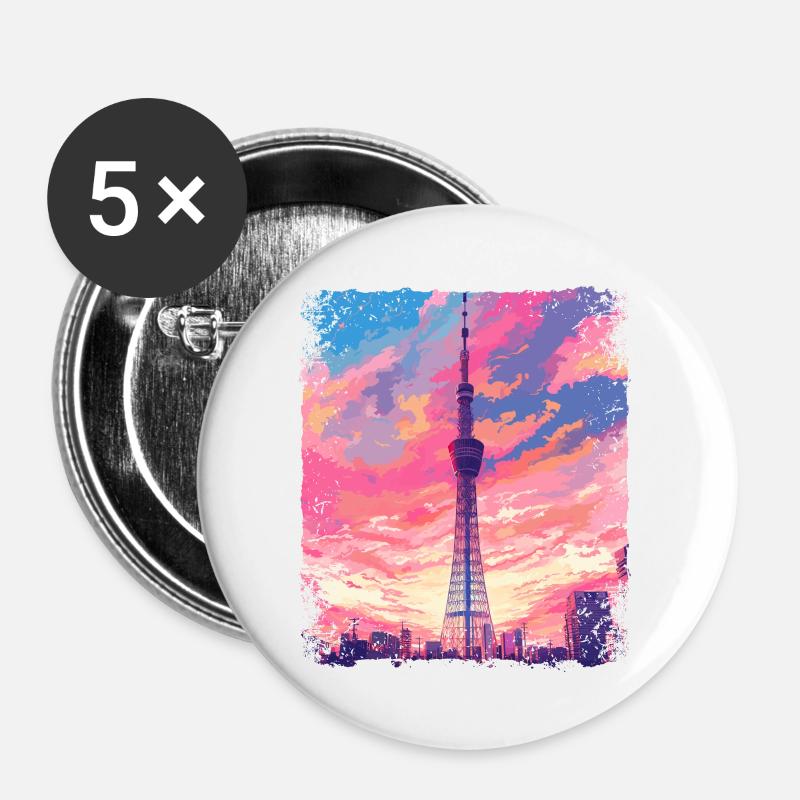 Vaporwave Ästhetischer Skytree Tokyo Japanischer Anblick - Buttons groß 56 mm (5er Pack) - Weiß