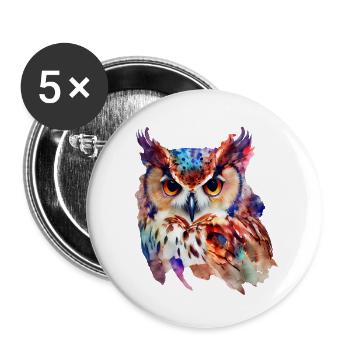 Eule Buntes Aquarell - Buttons groß 56 mm (5er Pack) - Weiß - Vorne