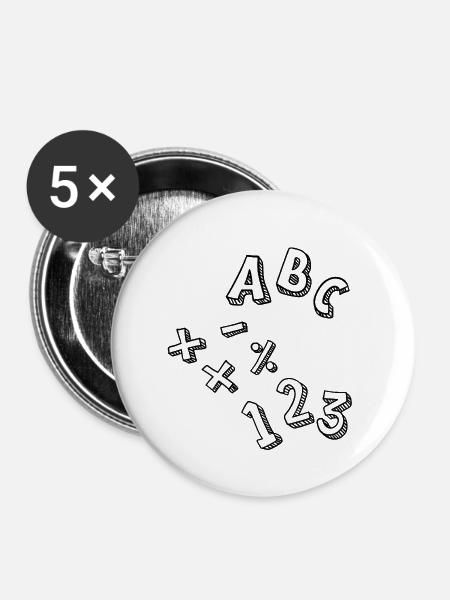 Einschulung: ABC / 123/ +-x: - Buttons groß 56 mm (5er Pack) - Weiß