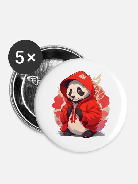 Panda mit Hoody - Buttons groß 56 mm (5er Pack) - Weiß