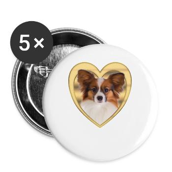 Papillon - Hundeliebhaber - Hunde Herz - Buttons groß 56 mm (5er Pack) - Weiß - Vorne