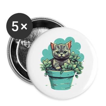 Niedliches Kätzchen in Blumentopf mit Sukkulenten - Buttons groß 56 mm (5er Pack) - Weiß - Vorne