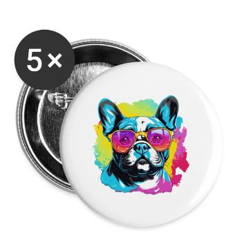 Bunte französische Bulldogge mit Sonnenbrille - Buttons groß 56 mm (5er Pack) - Weiß - Vorne