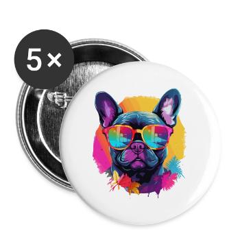 Bunte französische Bulldogge mit Sonnenbrille - Buttons groß 56 mm (5er Pack) - Weiß - Vorne
