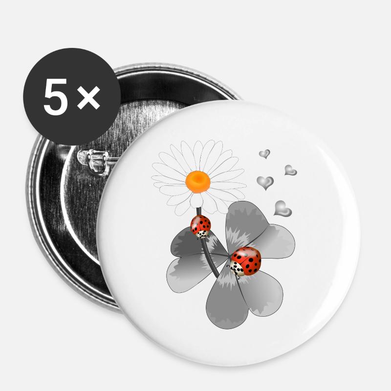 Clover with ladybug - Buttons large 2.2''/56 mm (5-pack) - white
