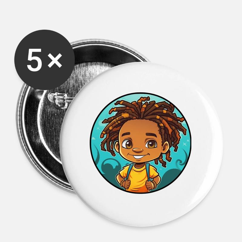 Afro Schwarz Kind Junge Mädchen Empowerment Dreadl - Buttons groß 56 mm (5er Pack) - Weiß