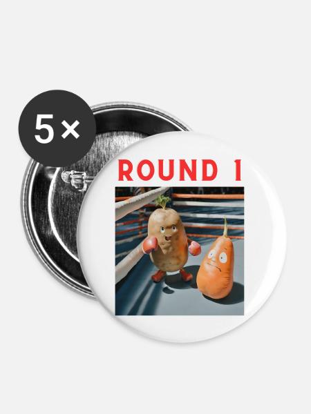 🥔🥕 Duell der Gemüsehelden! 💥 - Buttons groß 56 mm (5er Pack) - Weiß