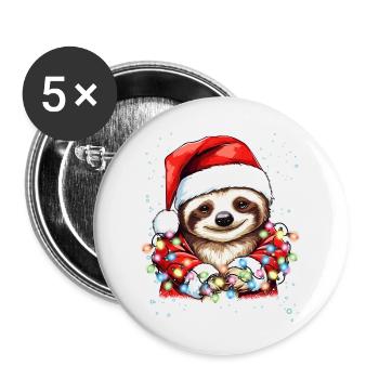 Weihnachtsdeko Faultier mit Weihnachtsbeleuchtung - Buttons groß 56 mm (5er Pack) - Weiß - Vorne