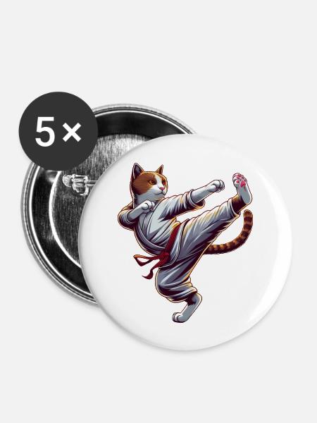 Coole Karate-Katze im Comic-Stil - Buttons groß 56 mm (5er Pack) - Weiß