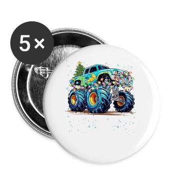 Lustiger Monstertruck mit Weihnachtsbaum - Buttons groß 56 mm (5er Pack) - Weiß - Vorne