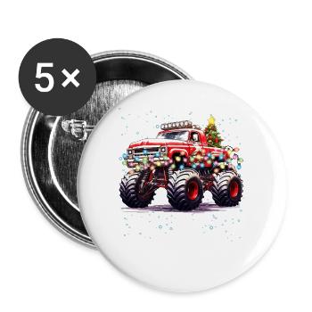 Weihnachtsbeleuchtung, Weihnachtsbaum und Monstertruck - Buttons groß 56 mm (5er Pack) - Weiß - Vorne