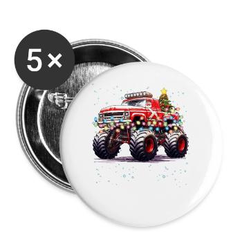 Weihnachtsmann fährt Monstertruck mit Weihnachtsbaum - Buttons groß 56 mm (5er Pack) - Weiß - Vorne