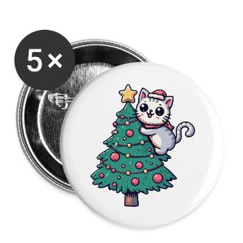 Chat de Noël - mignon sur le sapin de Noël dans la bande dessinée - Lot de 5 grands badges (56 mm) - blanc - Devant
