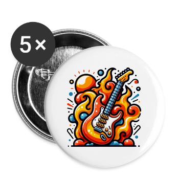 E-Gitarre mit Flammen - Buttons groß 56 mm (5er Pack) - Weiß - Vorne