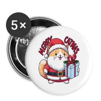 Fat cat as Santa Claus with present Merry Catmas - Buttons large 2.2''/56 mm (5-pack) - white - Front