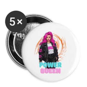 Power Queen - für die starke, selbstbewußte Frau - Buttons groß 56 mm (5er Pack) - Weiß - Vorne