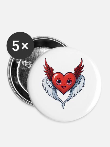 Rotes Herz mit Flügeln - Buttons groß 56 mm (5er Pack) - Weiß
