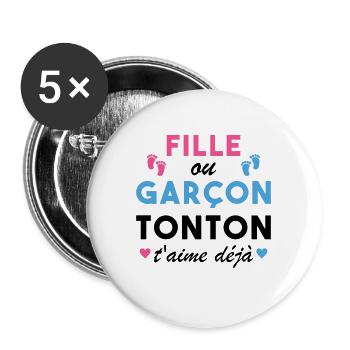 Fille ou Garçon Annonce Bébé Tonton T'aime Déjà - Lot de 5 grands badges (56 mm) - blanc - Devant