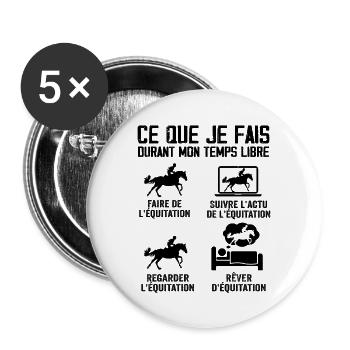 équitation - Cheval Femme - Cadeau équitation - Lot de 5 grands badges (56 mm) - blanc - Devant