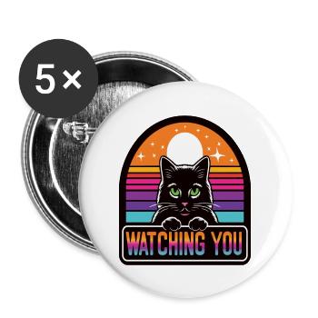 Chat noir qui vous regarde, coucher de soleil vintage - Lot de 5 grands badges (56 mm) - blanc - Devant