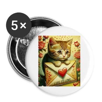 VALENTINSTAG KATZE BRIEF LIFE IS LOVE - Buttons groß 56 mm (5er Pack) - Weiß - Vorne