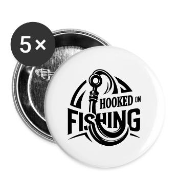 "Hooked on Fishing" - stylisches Angler-Grafik-T-Shirt - Buttons groß 56 mm (5er Pack) - Weiß - Vorne
