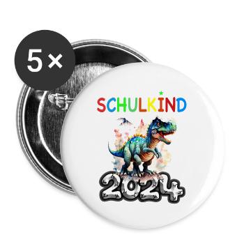Schulkino t Rex Dino 2024 Einschulung Jungen - Buttons groß 56 mm (5er Pack) - Weiß - Vorne