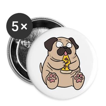 Fat Pug Dog Eating Pizza Funny Comic Style - Buttons large 2.2''/56 mm (5-pack) - white - Front