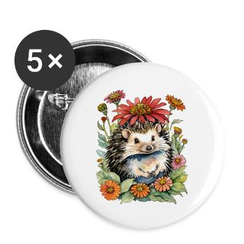 Hedgehog and Zinnias - Buttons large 2.2''/56 mm (5-pack) - white - Front