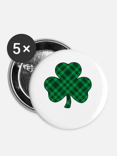 Grünes Büffelkaro Kleeblatt - Buttons groß 56 mm (5er Pack) - Weiß
