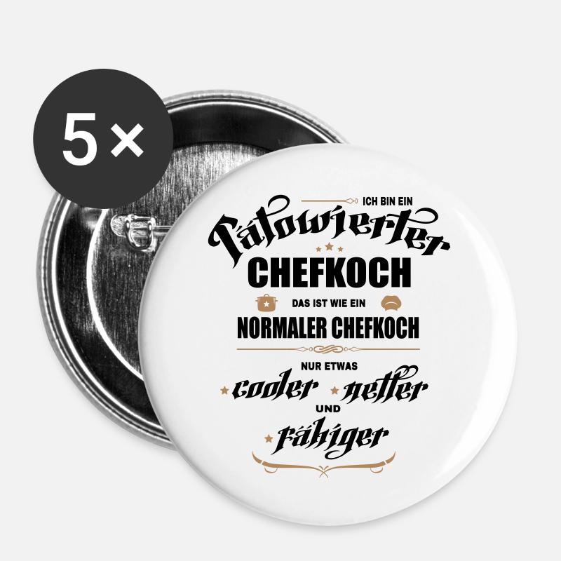 Chefkoch mit Tattoos. Tätowierter Chef. - Buttons groß 56 mm (5er Pack) - Weiß